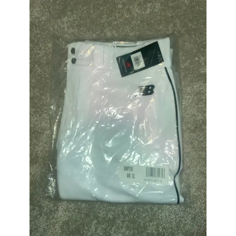 New Balance Mens XL BMP316 baseball pants, white with black stripe.