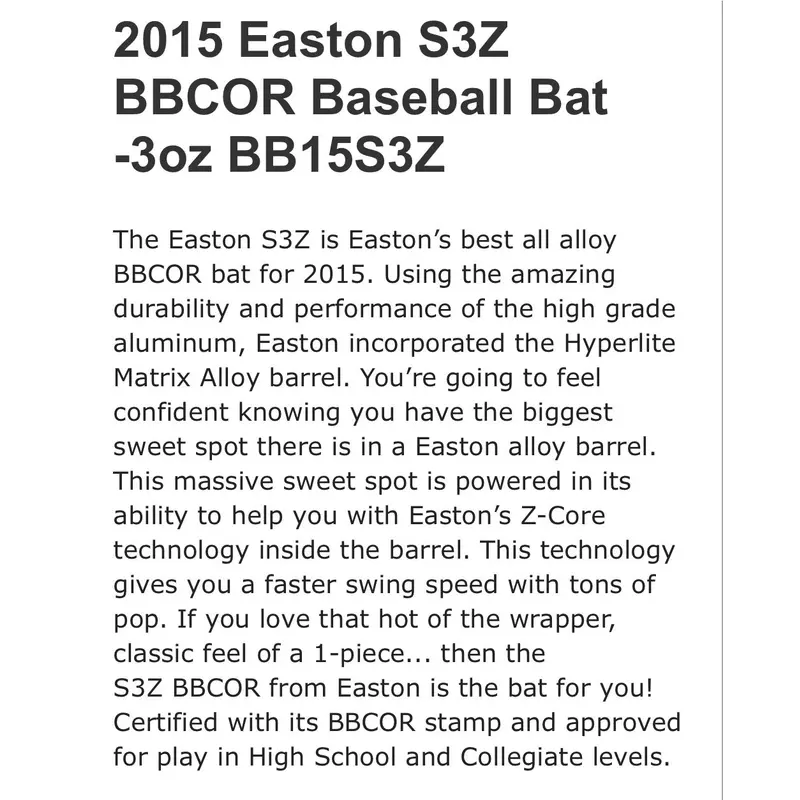 2015 Easton S3Z BBCOR -3 Baseball Bat