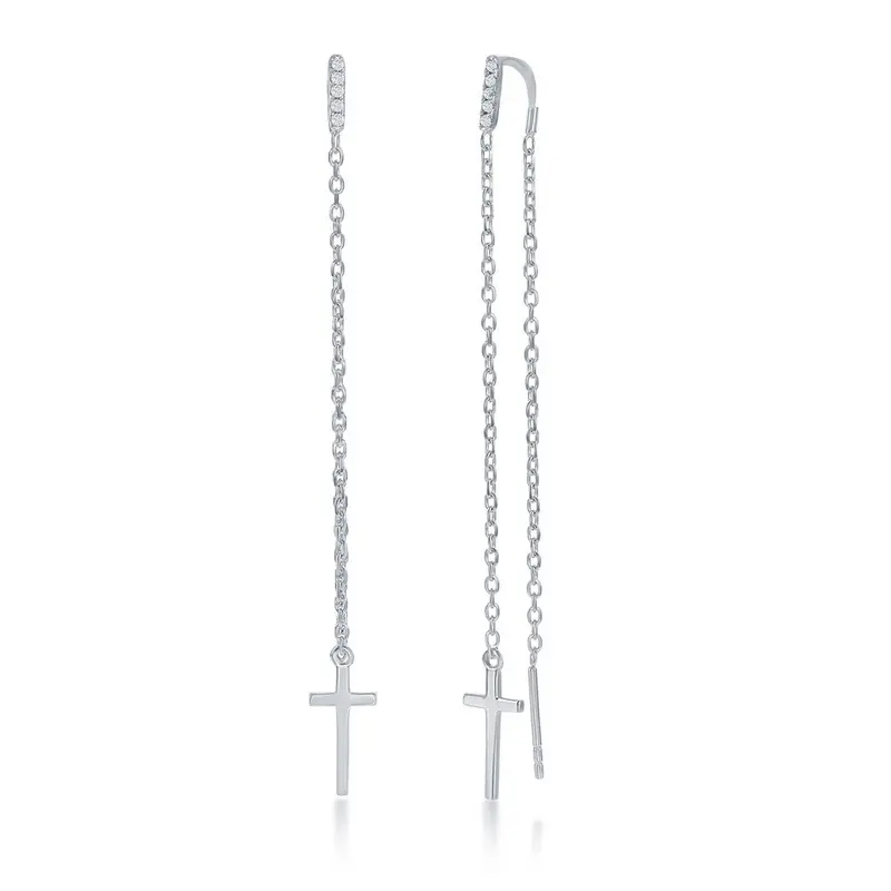 Sterling Silver Cross with Hanging Bar Chain Threader Earrings
