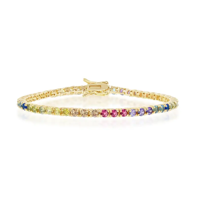 Sterling Silver Rainbow CZ 3mm Tennis Bracelet - Gold Plated