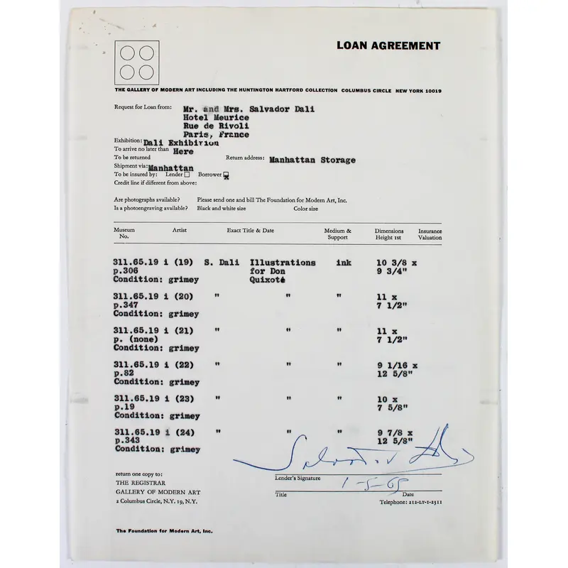 Salvador Dali Authentic Signed 8.5x11 Loan Document Dated 1-5-1965 BAS #A57677