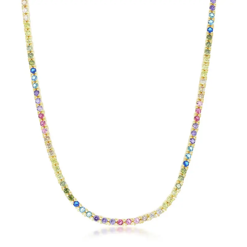 Sterling Silver 3mm Rainbow CZ Necklace - Gold Plated