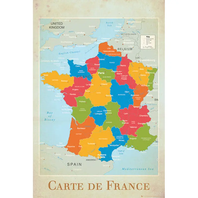 Map of France Wall Chart Poster (Regions, Capitals, Cities, Rivers, etc.) - GB Eye