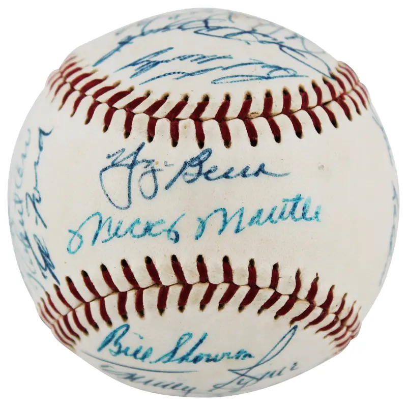 1956 Yankees WS Champs Mantle, Berra, Martin +24 Signed Oal Baseball BAS & PSA