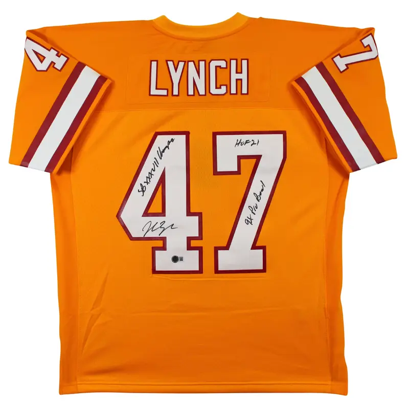 Buccaneers John Lynch "3x Insc" Signed Orange M&N TB Jersey BAS Witnessed