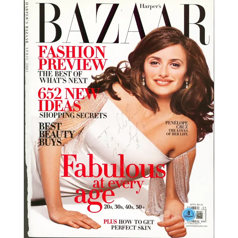 Penelope Cruz "To Melanie" Signed Bazaar Magazine Cover April 2003 BAS #BR43967
