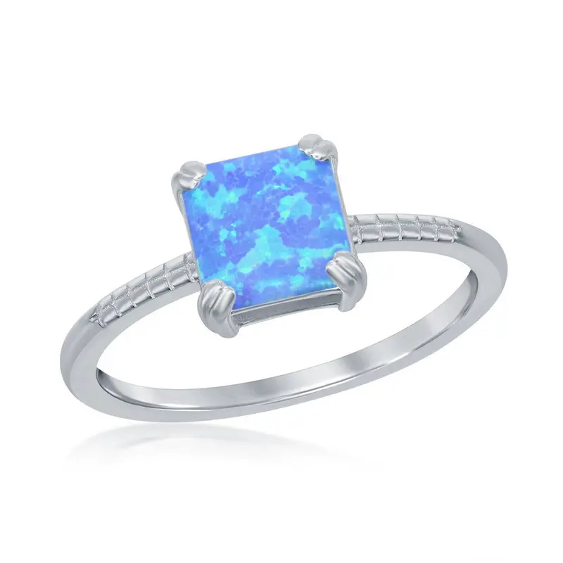 Sterling Silver Square Blue Opal Beaded Band Ring