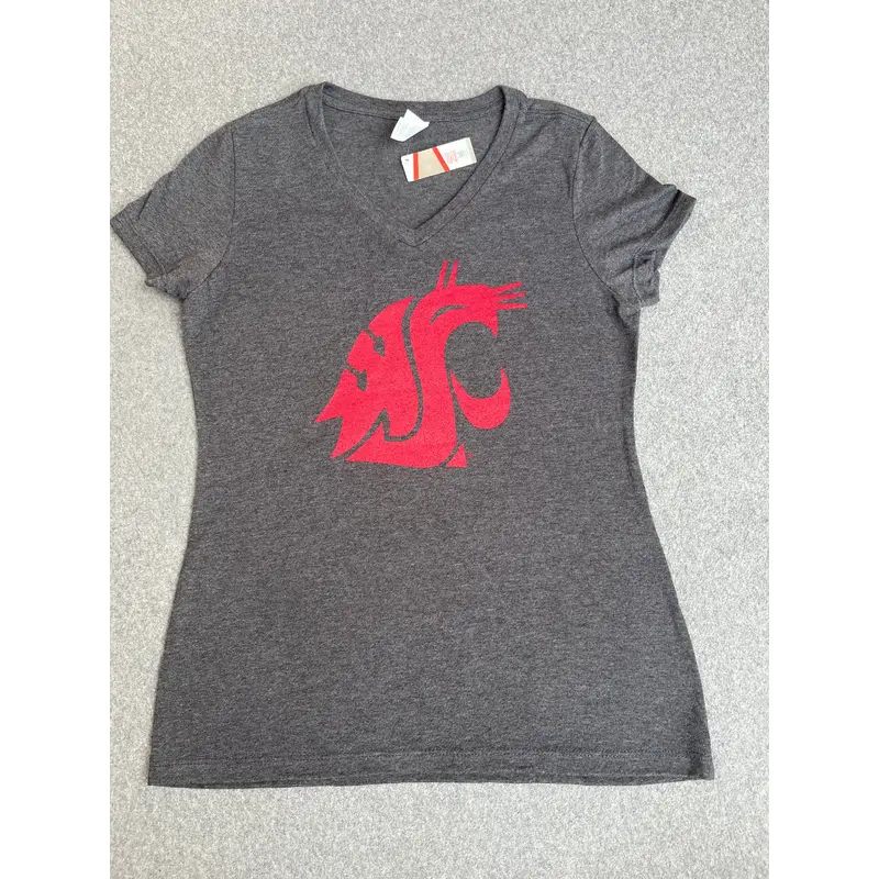 Womens screen printed dark Heathered  Grey WSU V-Neck T-Shirt