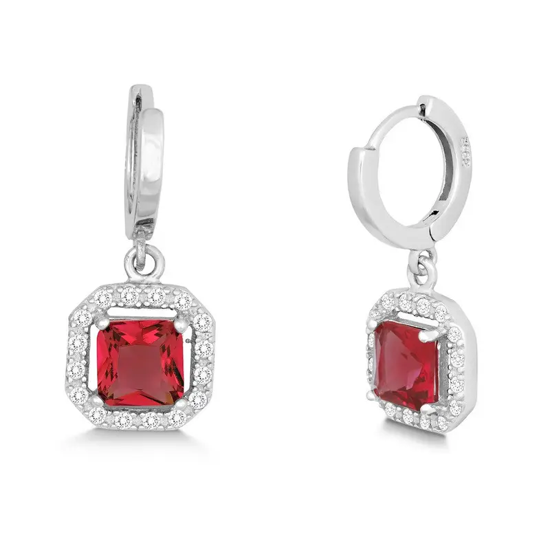 Sterling Silver Square Dangling Red CZ Micro Pave Earrings