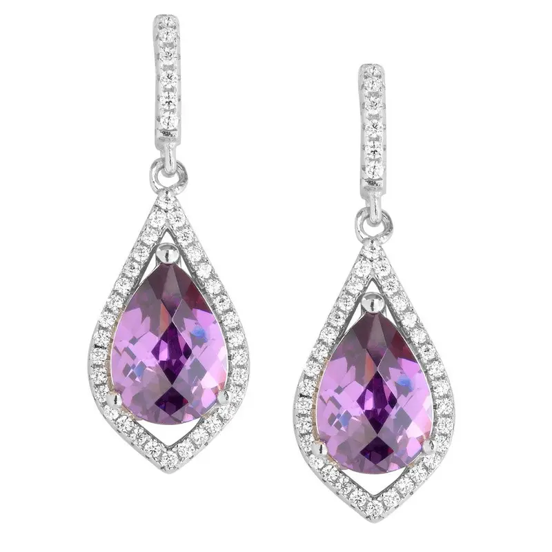 Sterling Silver Teardrop Clear CZ with Center Dark Purple CZ Earrings