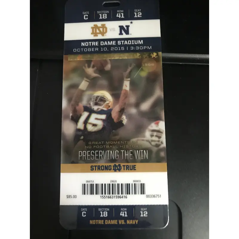 2015 Navy vs Notre Dame Full Plastic Ticket