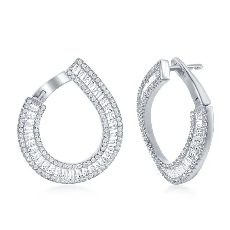 Sterling Silver Baguette with CZ Border J-Design Earrings