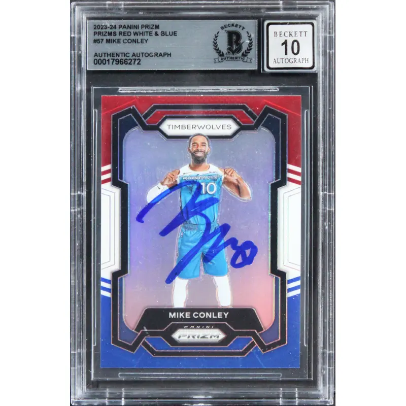 Timberwolves Mike Conley Signed 2023 Panini Prizm RWB #57 Card Auto 10! BAS Slab