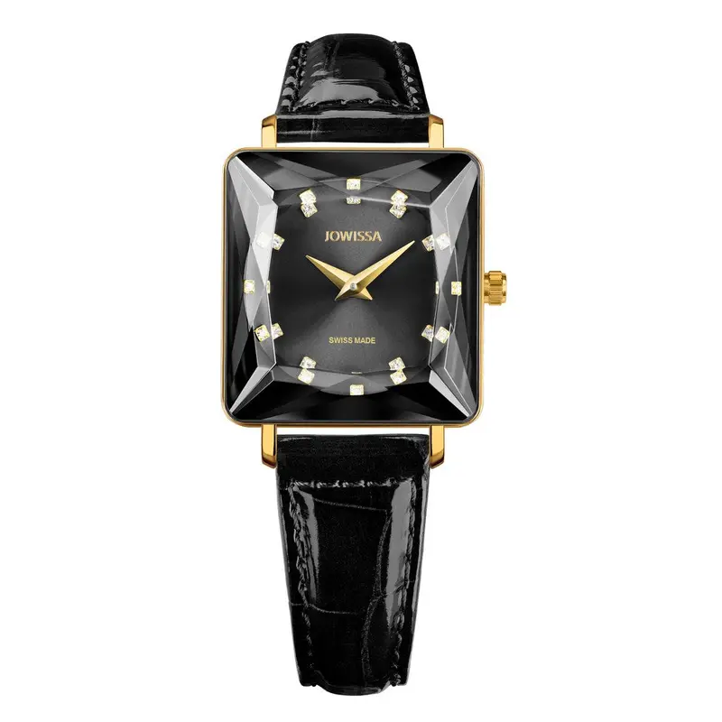 FACET PRINCESS, Princess-Cut, Gold Plated Swiss Quartz Watch, 15mm Band - Black Dial