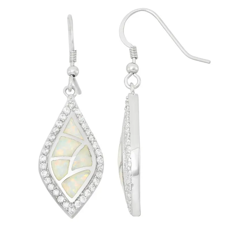 Sterling Silver White Inlay Opal w/ CZ Border Earrings