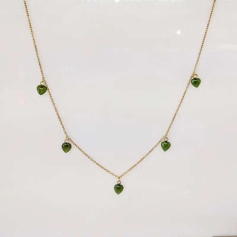 14K JADE HEART 6MM (5) CHARM DANGLE ESTATE NECKLACE 2.0 GRAMS