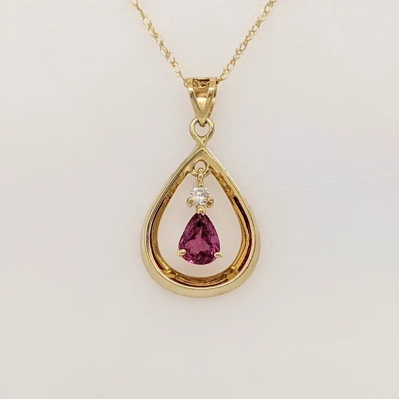 14K RUBY PEAR 4X5 WITH MELEE OPEN PEAR ESTATE PENDANT & CHAIN 1.8 GRAMS