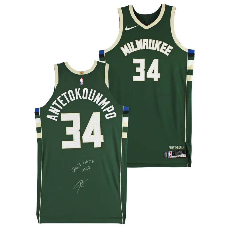 Bucks Giannis Antetokounmpo "2021 Game Used" Signed Green Nike Icon Jersey BAS