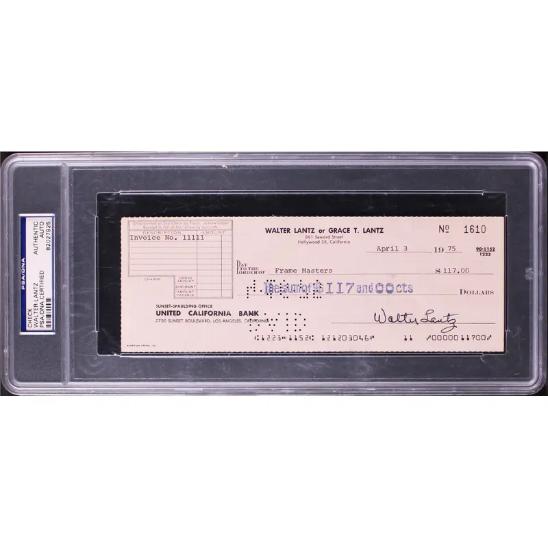 Walter Lantz Woody Woodpecker Authentic Signed 3x8.25 1975 Check PSA/DNA Slabbed