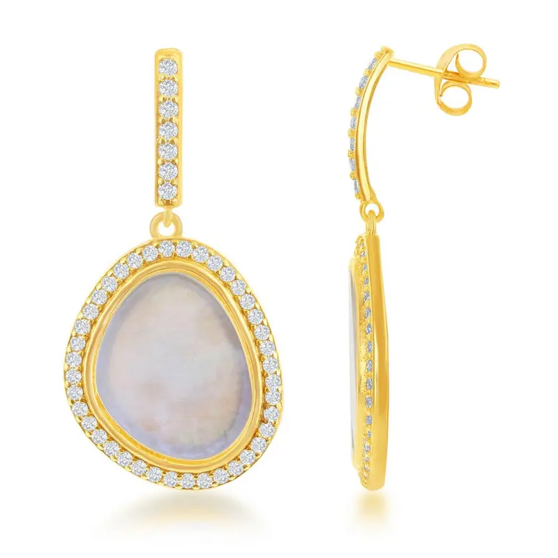 Sterling Silver GP Dangling Nugget Shaped MOP with CZ Border Earrings