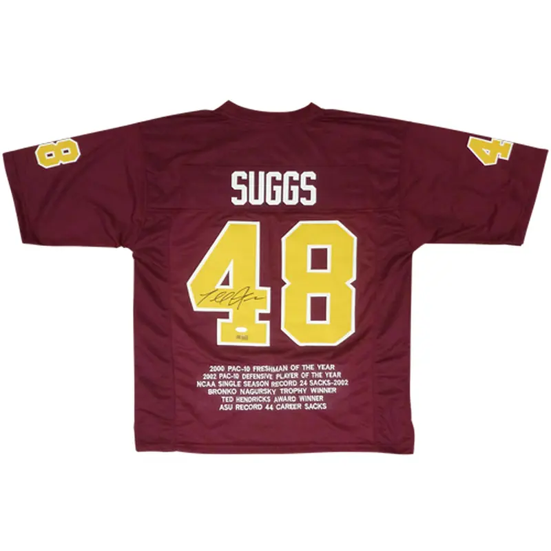 Terrell Suggs Autographed Arizona State Sun Devils (Maroon #48) Custom STAT Jersey - JSA