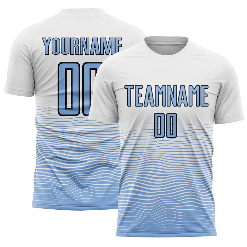 Custom White Light Blue-Black Gradient Line Sublimation Soccer Uniform Jersey