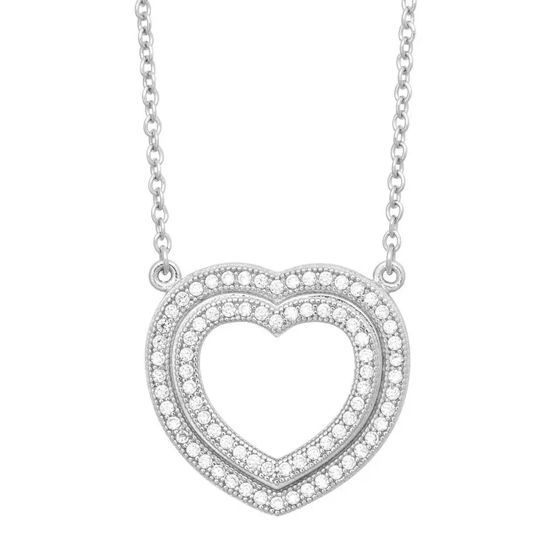 Sterling Silver  Double Open Micro Pave Heart Necklace