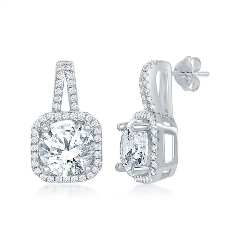 Sterling Silver Square with Center Four-Prong Round CZ Earrings