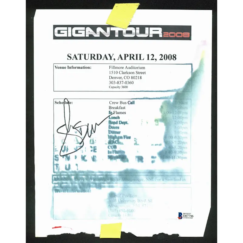 Megadeth Shawn Drover Authentic Signed 2008 Gigantour Schedule BAS #D07796