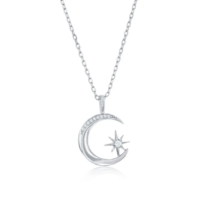 Sterling Silver Crescent Moon & North Star CZ Necklace