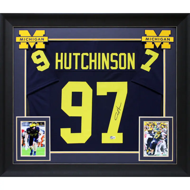 Michigan Aidan Hutchinson Signed Navy Blue Pro Style Framed Jersey BAS Witnessed