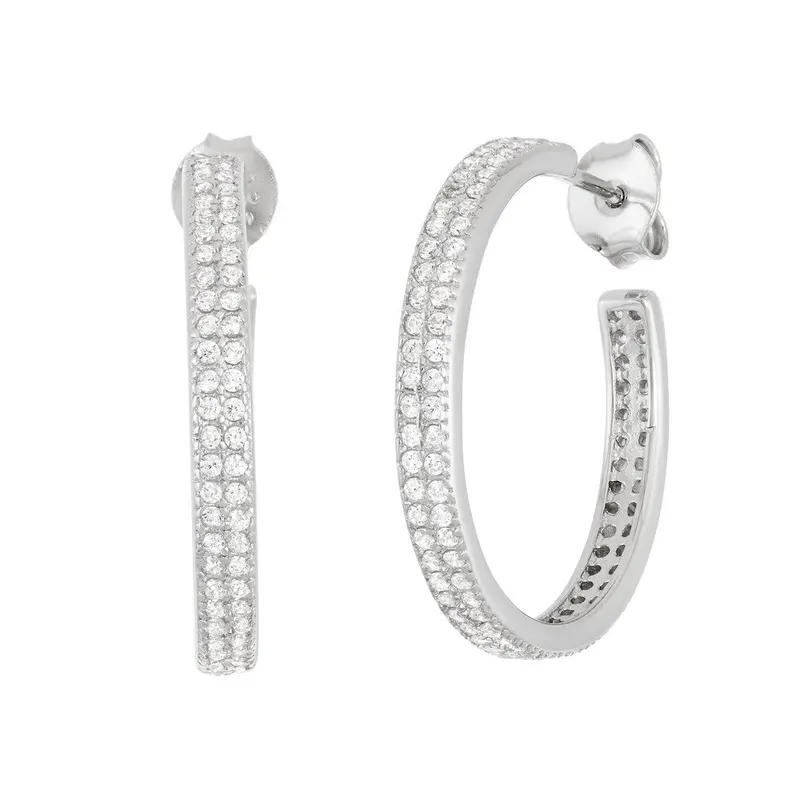 Sterling Silver 20mm Double Row CZ Hoop Earrings