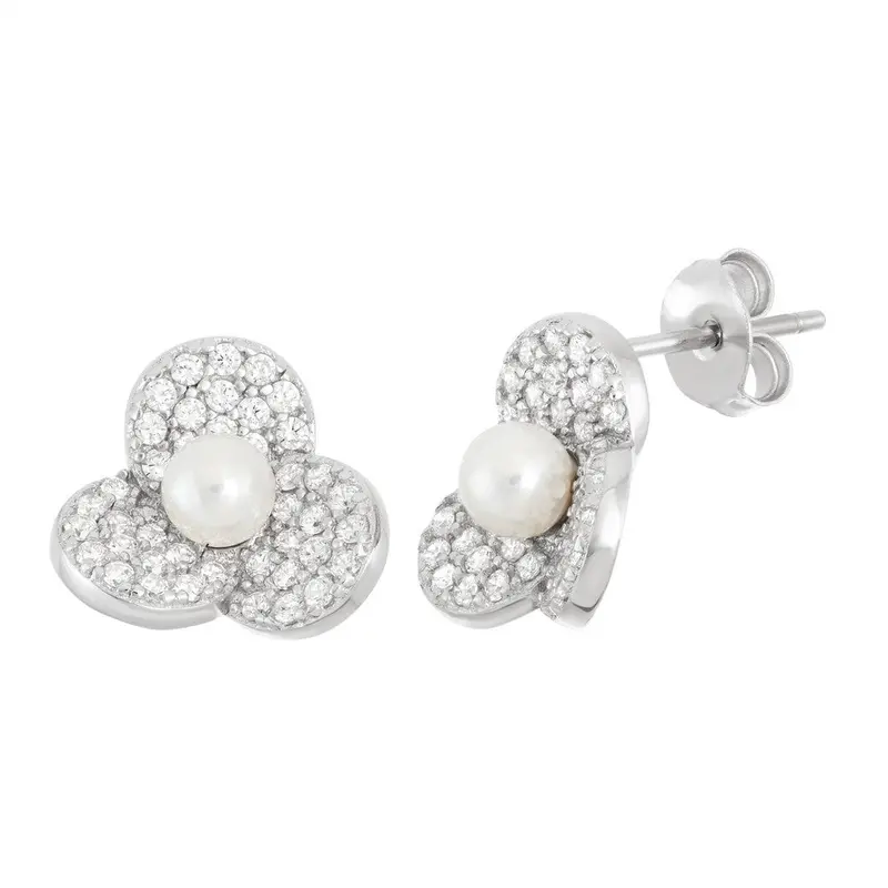 Sterling Silver Triple Petal CZ with Center Fresh Water Pearl Stud Earrings