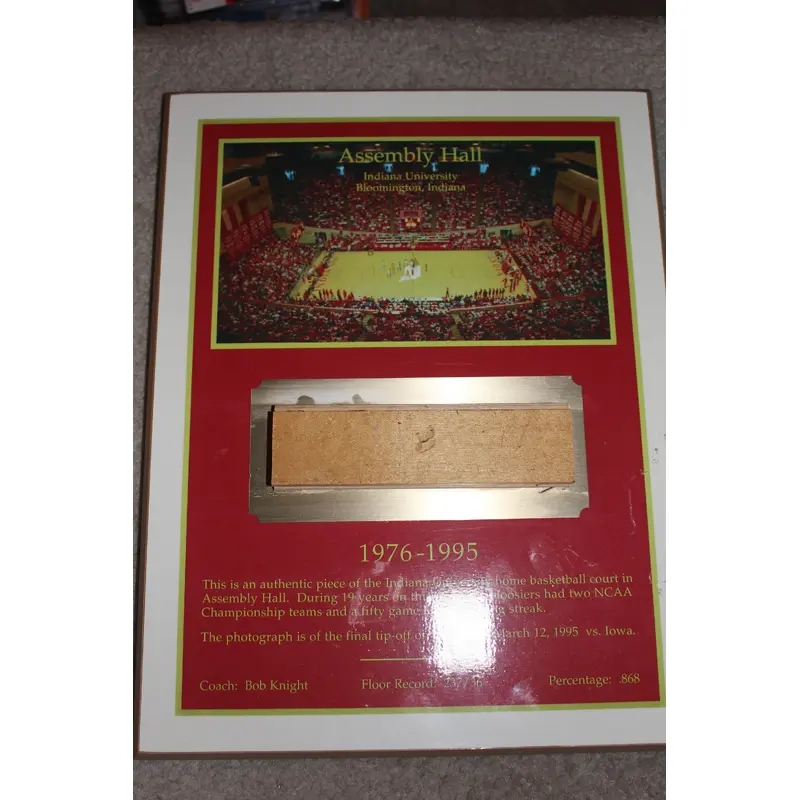 1976-95 Indiana University Basketball Assembly Hall Floor Piece Plaque