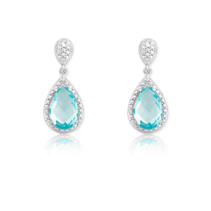 Sterling Silver Diamond and Gem Tearshaped Earring - Blue Topaz