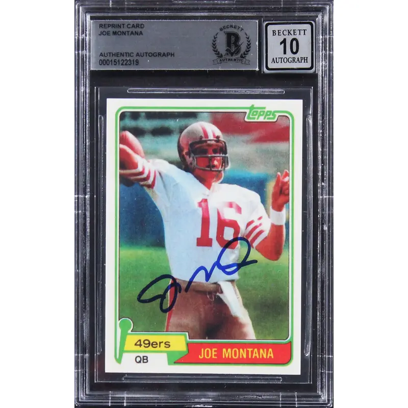 49ers Joe Montana Signed 1981 Topps #21 Rookie Reprint Card Auto 10! BAS Slabbed