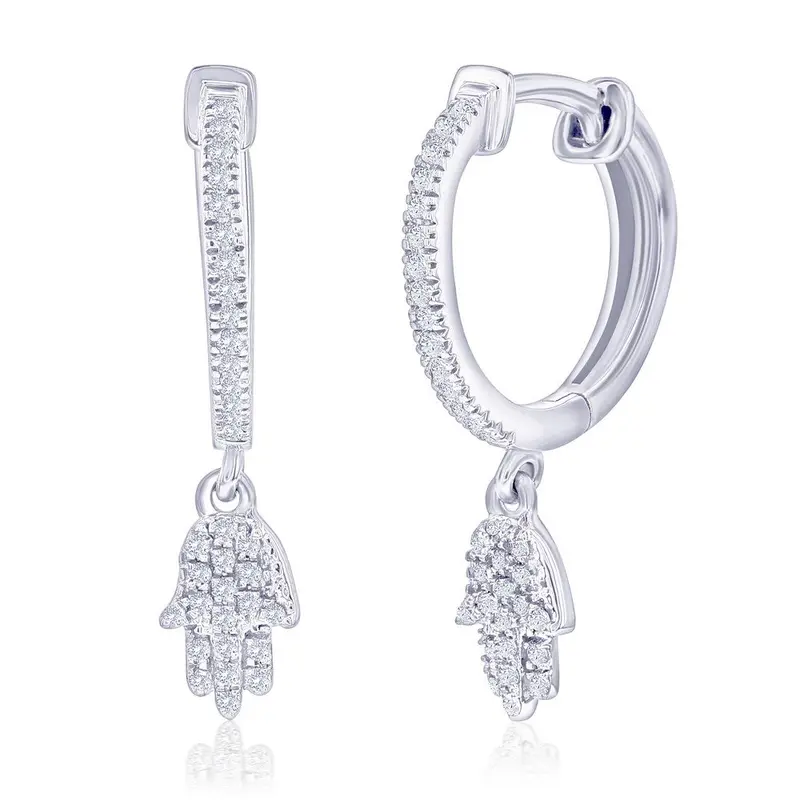 Sterling Silver, Hamsa Charm Diamond Huggies - (68 Stones)