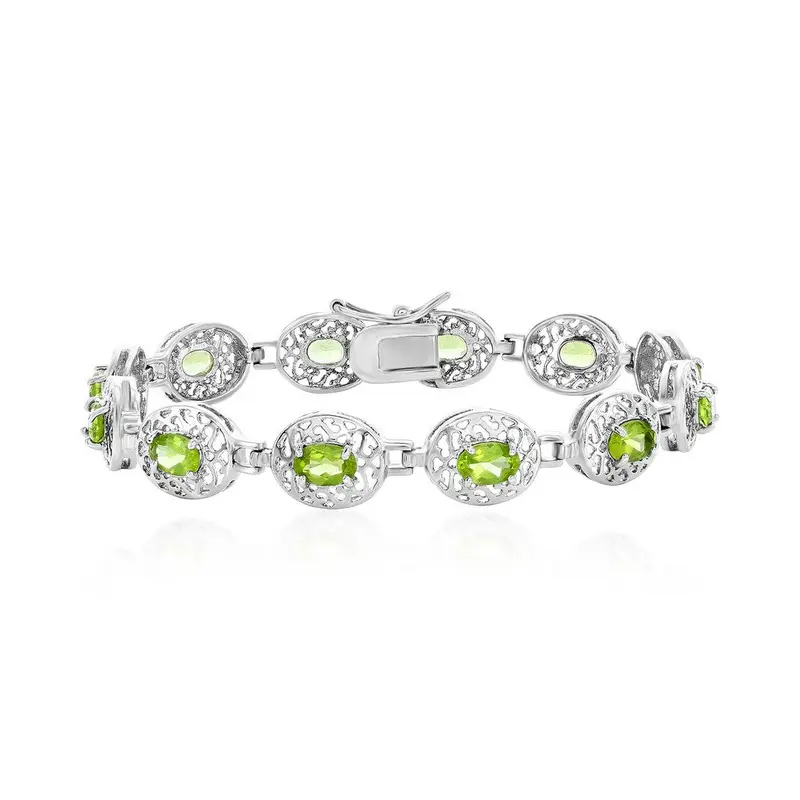 Sterling Silver Designed Oval Gem Bracelet - Peridot