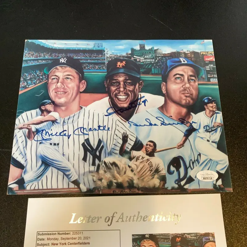 Mickey Mantle Willie Mays & Duke Snider Signed 8x10 Photo With JSA COA
