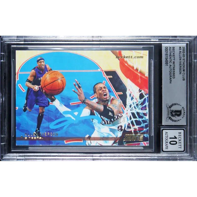 76ers Allen Iverson Signed 2002 Stadium Club #3 Card Auto 10! BAS Slabbed