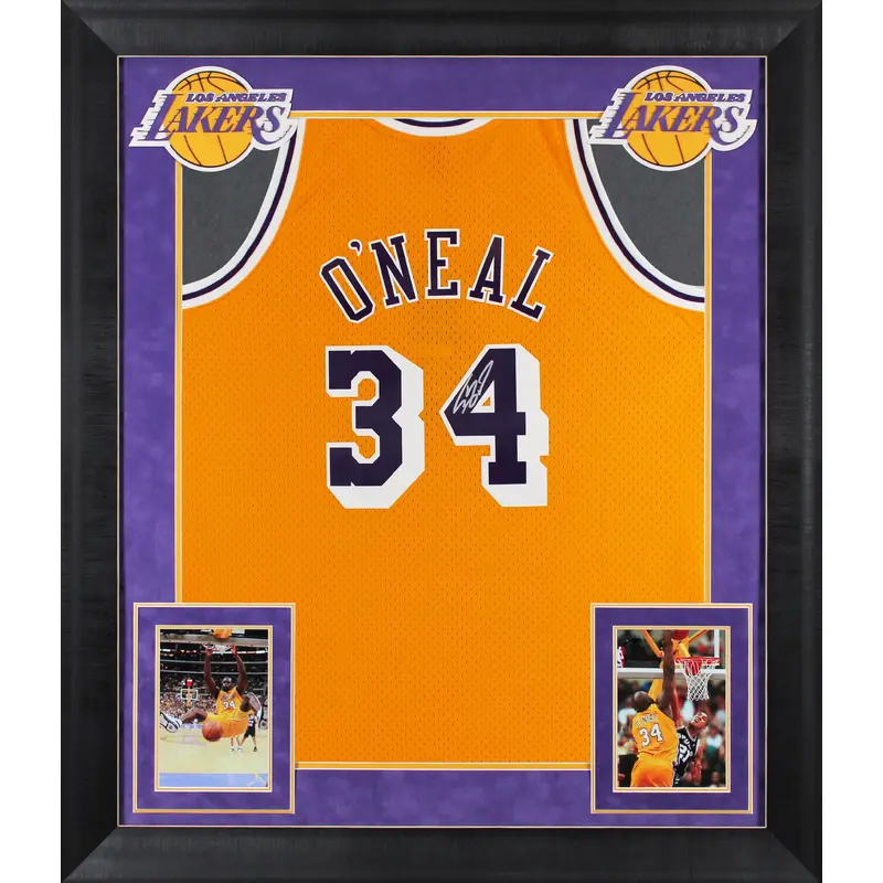 Lakers Shaquille O'Neal Signed Yellow M&N 96-97 HWC Swingman Framed Jersey BAS W