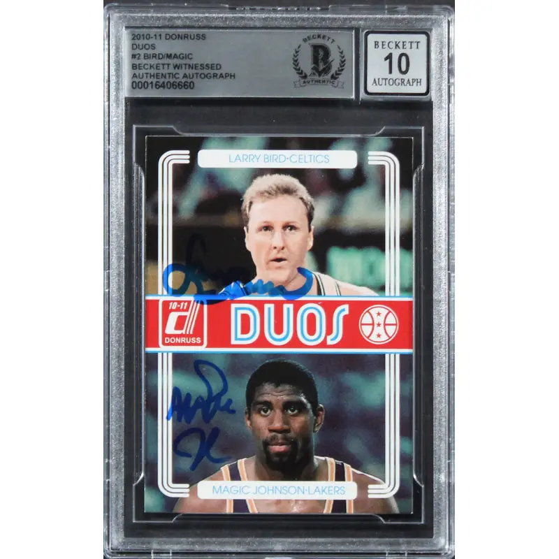 Larry Bird & Magic Johnson Signed 2010 Donruss Duos #2 Card Auto 10! BAS Slabbed