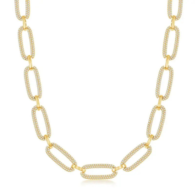 Sterling Silver Micro Pave CZ Linked Oval Necklace - Gold Plated
