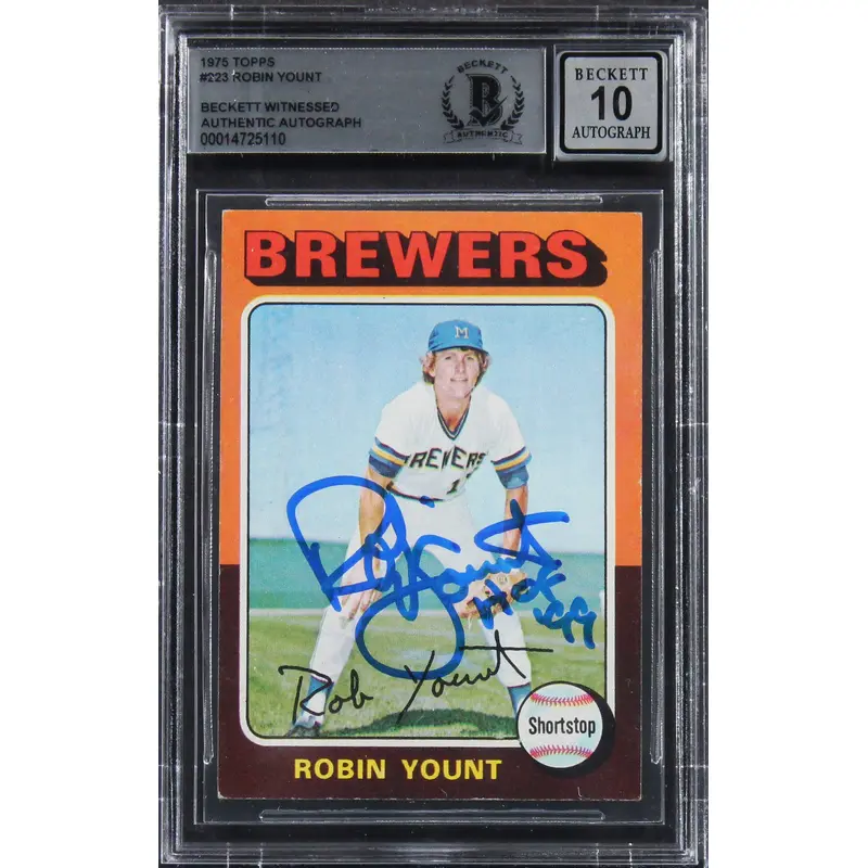 Brewers Robin Yount "HOF 99" Signed 1975 Topps #223 Rookie Card Auto 10 BAS Slab