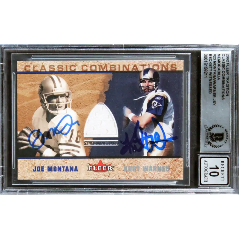 Joe Montana & Kurt Warner Signed 2002 Fleer Trad. #23 Card Auto 10! BAS Slab 1