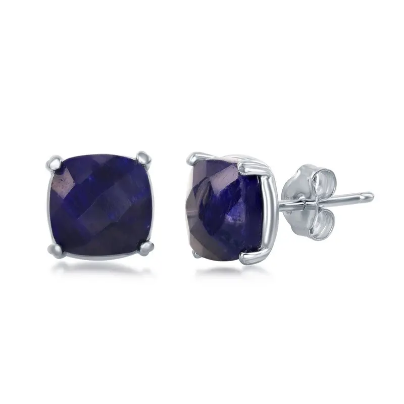 Sterling Silver 'September Birthstone' Square GEM Stud Earrings - Sapphire