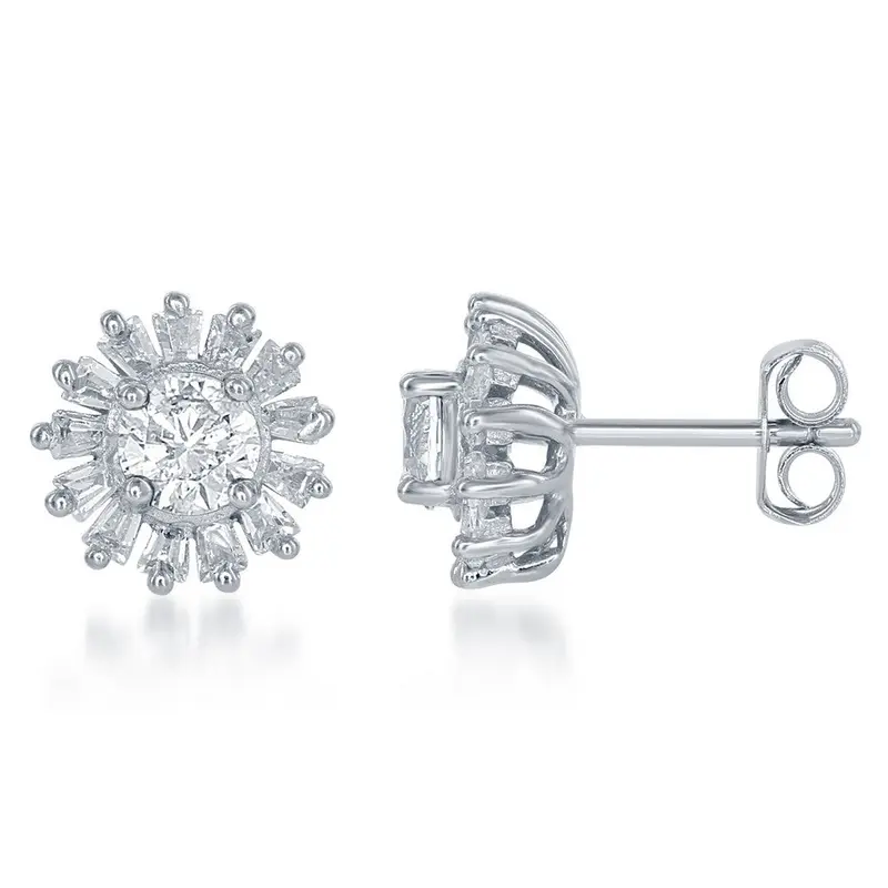 Sterling Silver Small Round CZ with Baguette Border Stud Earrings