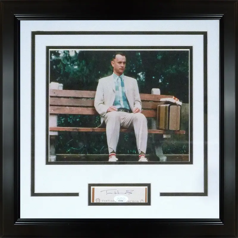 Tom Hanks Autographed Forrest Gump On Bench Frame with 8x10 and signature - JSA