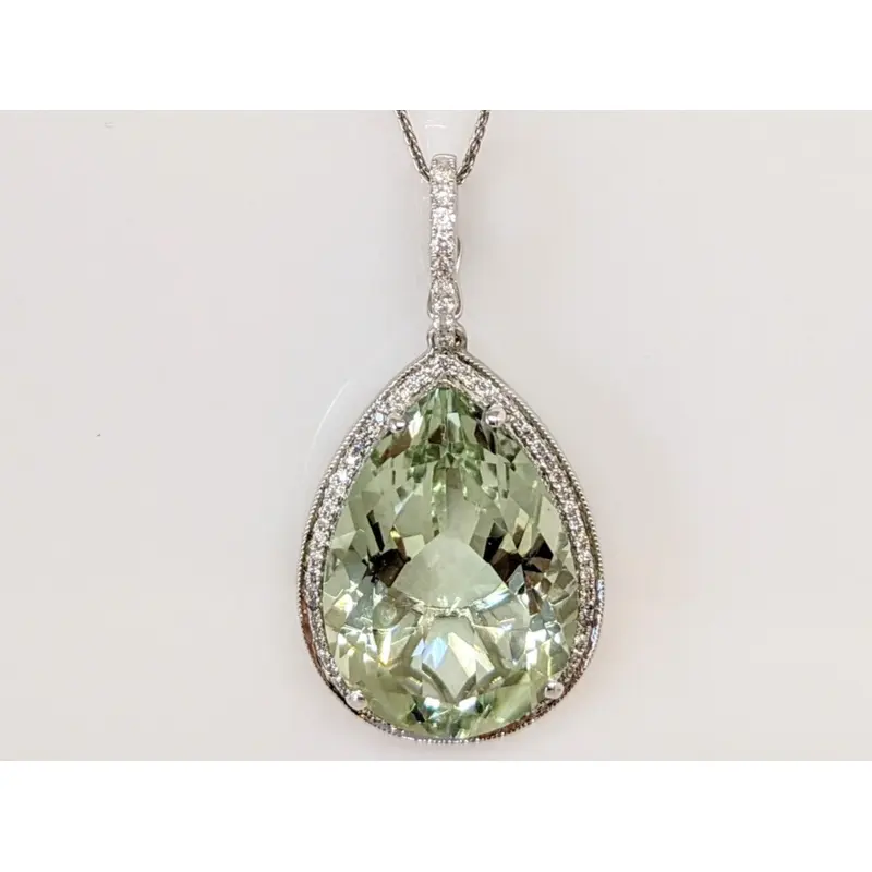 14K WHITE GREEN QUARTZ PEAR 18X25 WITH .61DTW ESTATE PENDANT & CHAIN 12.0 GRAMS