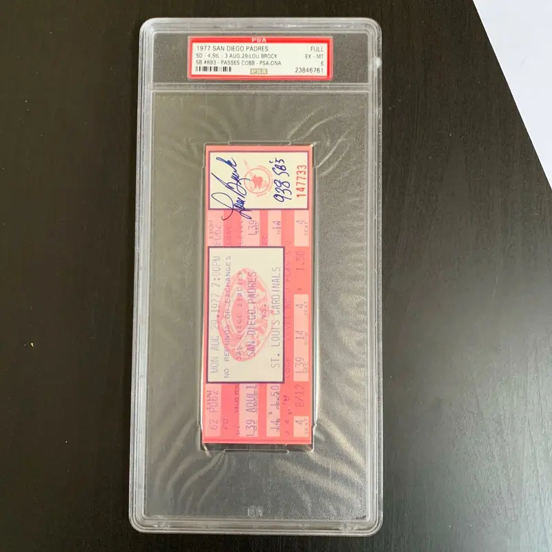 Lou Brock Signed 893 Stolen Bases Record Passes Ty Cobb Original Ticket PSA DNA